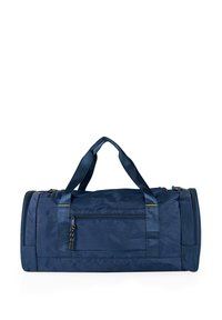 Bolsa de deporte navy hecha de tela duradera, con dos asas superiores, un bolsillo delantero con cremallera y acentos de costura amarilla en contraste.
