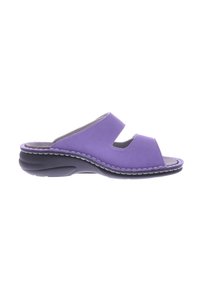 Purple slip-on sandals with open toe and dual straps, featuring a textured insole and a contoured black sole with white stitching.