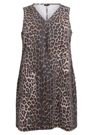 Abito senza maniche con stampa leopardata, scollatura a V, due tasche frontali e vestibilità ampia. Colori principalmente beige e nero, tessuto testurizzato.