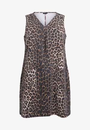 Kamelan ja mustan värin leopardikuosiset hihattomat mekot, joissa on V-mallinen kaula-aukko, kaksi etutaskua ja väljä leikkaus. Teksturoitu kangas.