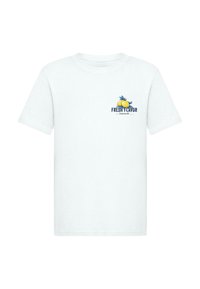 White cotton t-shirt featuring a graphic print of yellow lemons with blue leaves and text "FRESH FLAVOR" in dark blue. Classic fit, short sleeves.