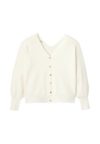 Cardigan blanc en tricot avec un col en V et huit boutons sur le devant. Il présente des manches longues bouffantes et une coupe courte.