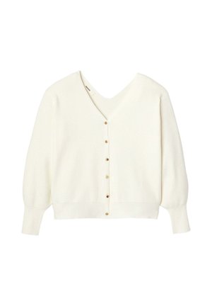 Cardigan blanc en tricot avec un col en V et huit boutons sur le devant. Il présente des manches longues bouffantes et une coupe courte.