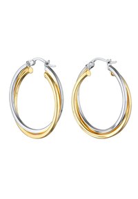 Aukso ir sidabro lankų auskarai su dvigubo sluoksnio dizainu, pasižymintys lygiu paviršiumi ir saugiu užsegimu.