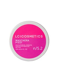 Lattina rotonda per maschera per piedi con un'etichetta rosa caratterizzata da testo bianco. Contiene 100 ml (3.4 fl. oz.) di una formula idratante e ammorbidente.