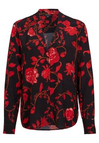 Camicia nera a maniche lunghe con motivo floreale rosso, dotata di colletto con scollatura a V, chiusura frontale con bottoni e una texture di tessuto morbida.