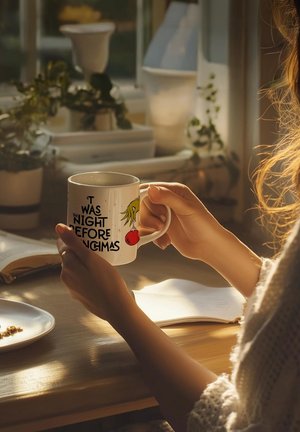 Tazza in ceramica bianca con manico, decorata con testo nero e un design di un personaggio cartone animato. Sullo sfondo ci sono piante e un tavolo di legno.