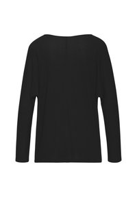 Schwarzes Langarmoberteil mit weitem Halsausschnitt und geradem Schnitt. Weicher Stoff mit glatter Textur, entworfen für eine lässige Passform.