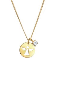 Collana in oro con pendente a forma di cerchio con un motivo di angelo e piccola accentuazione in cristallo trasparente su una catena attorcigliata.