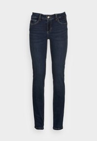 Smala blå denimjeans, mörk tvätt, med femficksdesign, dragkedjeöppning och diskret sömnadsdetalj längs s ömmarna.