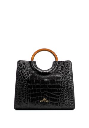 Sac à main en cuir noir texturé avec une poignée en bois arrondie et un logo Wittchen doré sur le devant, posé sur un fond blanc.