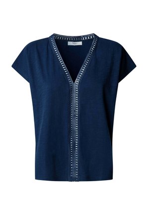 Blusa blu navy a maniche corte con scollo a V e rifinitura decorativa in pizzo che corre verticalmente lungo il collo.