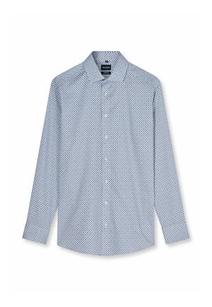 Herren-Langarmhemd mit kleinem blauem Rautenmuster auf weißem Hintergrund, klassischem Kragen und Knöpfen vorn.