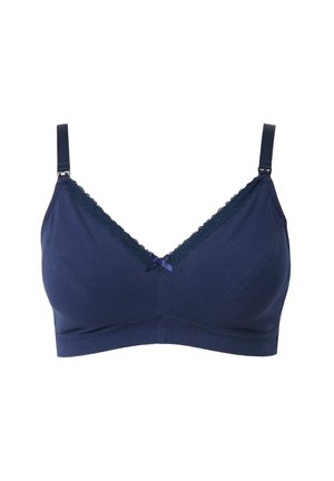Soutien-gorge en coton bleu marine avec des bordures en dentelle et un petit nœud violet au centre. Bretelles ajustables pour une personnalisation.