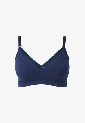 Navyblaue Baumwoll-BH mit Spitzenbesatz entlang der Kanten und einer kleinen lila Schleife in der Mitte. Verstellbare Träger für eine individuelle Anpassung.