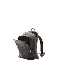 Sac à dos en cuir noir au design plié unique, doté de fermetures éclair, d'un intérieur spacieux et de bretelles ajustables.