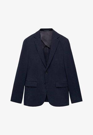 Marinblå blazer i tyg med slagkrage, två framfickor, enkel knappstängning och en slät inre foder.