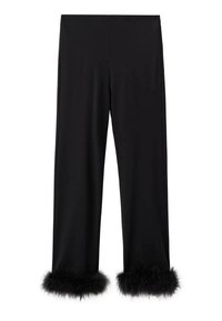 Pantalons noirs en tissu lisse, avec des jambes larges et un bord en fausse fourrure. Le design offre une coupe décontractée adaptée à diverses occasions.