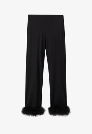 Pantaloni neri con un tessuto morbido, gamba larga e bordo in pelliccia sintetica. Il design offre una vestibilità rilassata adatta a varie occasioni.