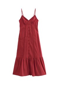 Robe en coton rouge avec bretelles spaghetti ajustables, dotée d'un devant à boutons, de détails en dentelle et d'un ourlet évasé.