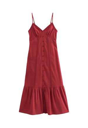 Rode katoenen jurk met verstelbare spaghetti-bandjes, voorzien van een knoopsluiting aan de voorkant, kantdetails en een uitlopende zoom.