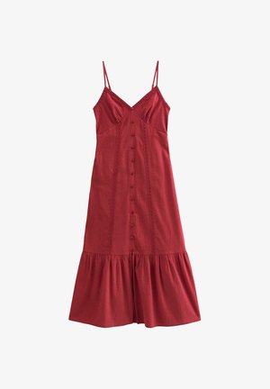 Robe en coton rouge avec bretelles spaghetti ajustables, dotée d'un devant à boutons, de détails en dentelle et d'un ourlet évasé.