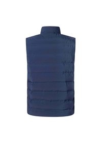 Tamno plava prsluk bez rukava s visokim ovratnikom, s horizontalnim quilted linijama i glatkom, mat površinom.