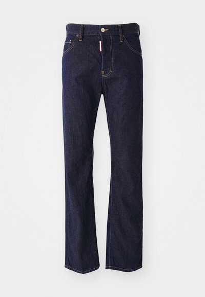 Dunkelblaue Jeans aus Denim mit geradem Bein, Fünf-Taschen-Design, Kontrastnähten und Knopfverschluss. Mit einem kleinen roten Logolabel an der Taille.