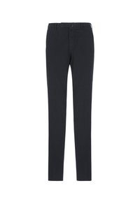 Pantaloni blu slim-fit realizzati in tessuto misto cotone. Presentano una chiusura con zip, passanti per cintura e un design minimalista con tasche laterali e posteriori.