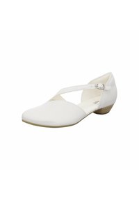 Weiße Leder-Niedrigschuh mit spitzem Zeh und Überkreuz-Riemen-Design. Verfügt über eine kleine silberne Schnalle und einen strukturierten, tanfarbenen Absatz.