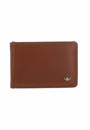 Portefeuille en cuir brun à double rabat avec couture visible et petit logo argenté représentant un emblème ailé dans le coin inférieur droit.