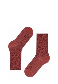 Calze rosse glitter con un motivo a stampa leopardata, caratterizzate da una texture liscia e polsini elasticizzati per una vestibilità aderente.