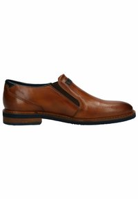 Braune Lederhalbschuhe mit elastischen seitlichen Einsätzen, strukturiertem vorderen Teil mit Perforationen und einer kontrastierenden, dunklen Gummisohle.