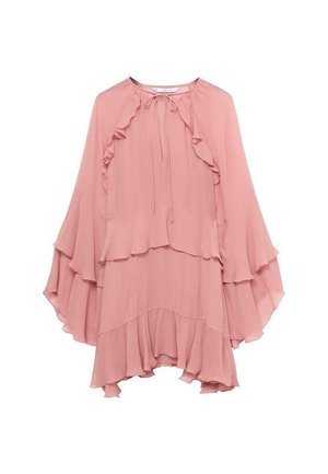 Rosa Chiffonkleid mit lockerer Passform, ausgestattet mit Rüschen am Halsausschnitt, den Ärmeln und dem Saum sowie einem Bindeband am Hals.