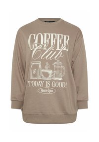Sudadera marrón con un ajuste relajado, que presenta un texto gráfico en blanco que dice "Coffee Club" y una ilustración temática del café.