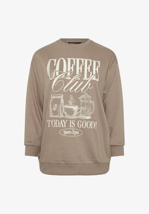 Brun sweatshirt med en afslappet pasform, der har hvid grafisk tekst, der siger "Coffee Club", og en kaffetema illustration.