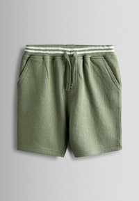 Lysegrønne bomuldsshorts med stribet elastik i taljen, snøre og sidelommer på en ensfarvet baggrund.