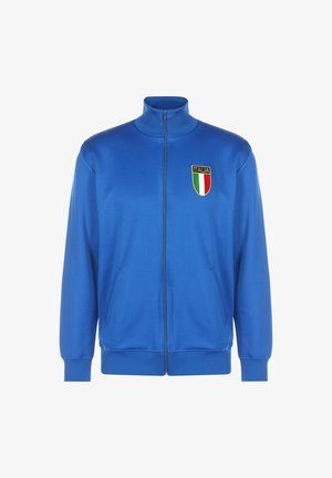 Blue zip-up jacket with a high collar, featuring a "ITALIA" badge and green, white, and red stripes. Made from smooth, lightweight fabric.