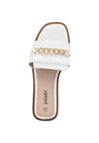 Vit platt sandal med en guldkedjedetalj över ovansidan och en brun sula, storlek 37, märke Palado.