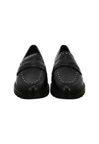 Black leather loafers with round toes, studded detailing around the upper edge, and thick rubber soles shown from the front.
