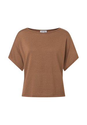 Haut court à manches courtes marron en tissu côtelé, doté d'un col large et d'une coupe décontractée, avec une texture lisse et des détails minimalistes.