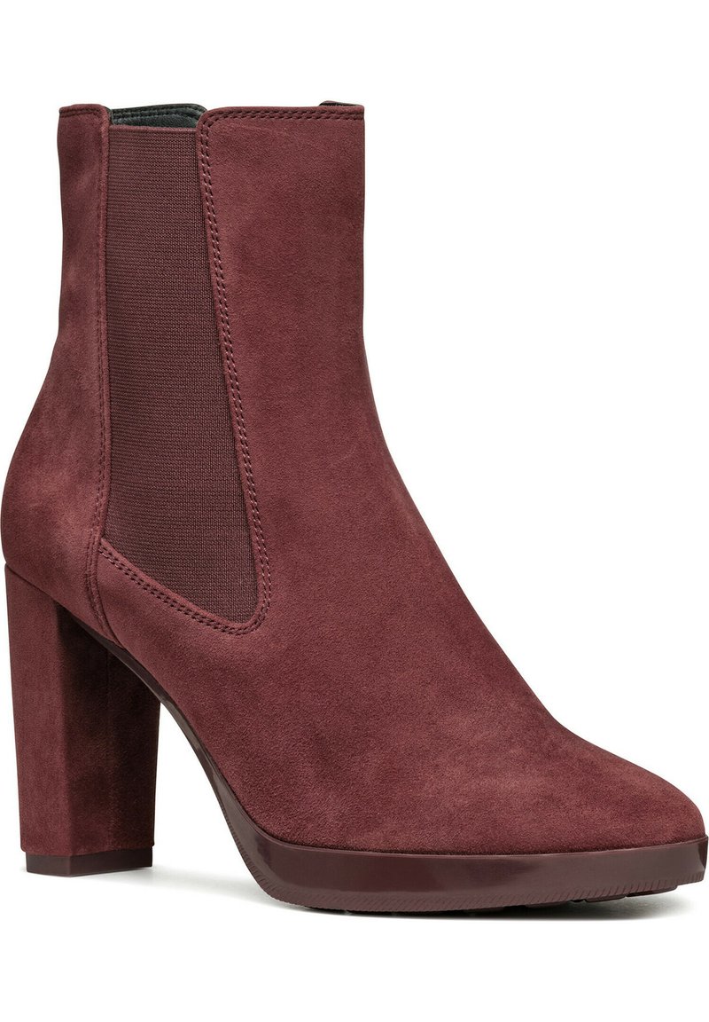 Bordeaux suède enkellaarsjes met een ronde neus, elastische zijkanten en een chunky hak. Heeft een gladde textuur en een minimalistisch ontwerp.