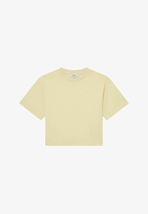 Hellgelbes kurzärmeliges Crop-T-Shirt mit rundem Ausschnitt und sichtbarem Markenlabel innen am Kragen.