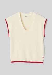 Pull à col en V crème avec manches courtes rouges côtelées et ourlet. Motif tricoté texturé et accents rouges contrastants aux manches et à la base.