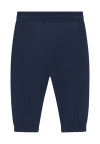 Marineblaue Stretchhosen mit elastischem Bund, schmal zulaufenden Beinöffnungen und glatter Textur. Geeignet für die Freizeit, ohne Muster oder Akzente.