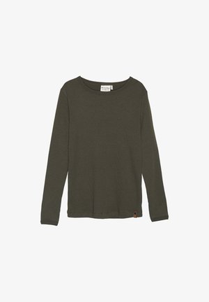 Sötét olajzöld, hosszú ujjú bordázott felső, kerek nyakkivágással, amelyen egy kicsi logó címke található a bal alsó oldalon, valamint texturált anyaggal.