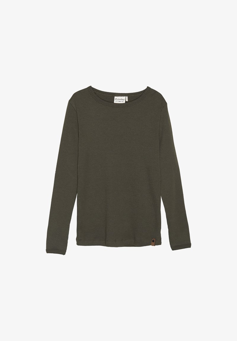 Sötét olajzöld, hosszú ujjú bordázott felső, kerek nyakkivágással, amelyen egy kicsi logó címke található a bal alsó oldalon, valamint texturált anyaggal.