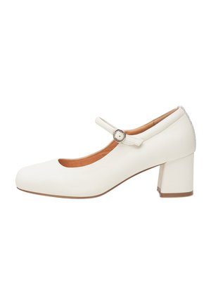 Witte leren Mary Jane-schoen met een afgeronde neus, verstelbare riem met een zilveren gesp en een middelhoge blokhak. Glad oppervlak.