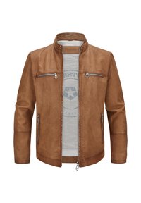 Braune Lederjacke mit Kragen, vorderem Reißverschluss und zwei Brusttaschen. Glatte Textur mit tailliertem Design und minimalen Nähdetails.