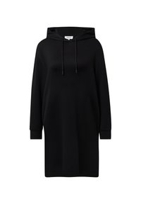 Schwarzes Hoodie-Kleid aus weichem Stoff, mit einer Kordelzugkapuze, langen Ärmeln und einem lockeren Schnitt, der bis zur Mitte des Oberschenkels reicht.